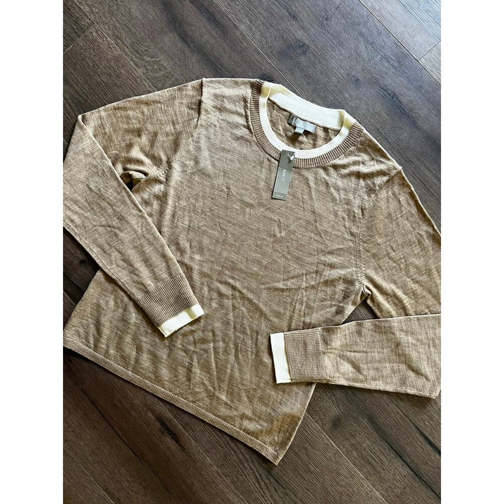 J.Crew Women XL 100% Merino Wool Sweater Brown Cream Trim NWT Crewneck